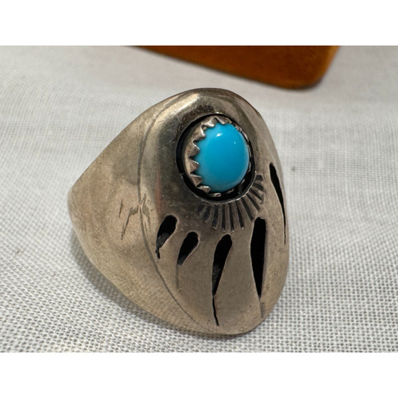 Vintage Navajo Turquoise Bear Claw Ring Sterling Silver Sz 8 8.5 Signed R - Picture 3 of 6